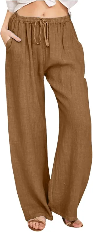 Womens Linen Summer Loose Pant Trousers Low Waist Stretchy Straight Loose Fit Trouser Office