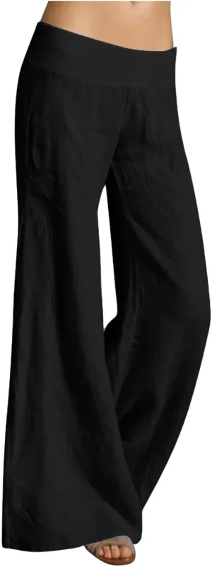 Womens Linen Summer Palazzo Palazzo Pants Low Waist Stretchy Straight Slim-Fit Pants Work Business