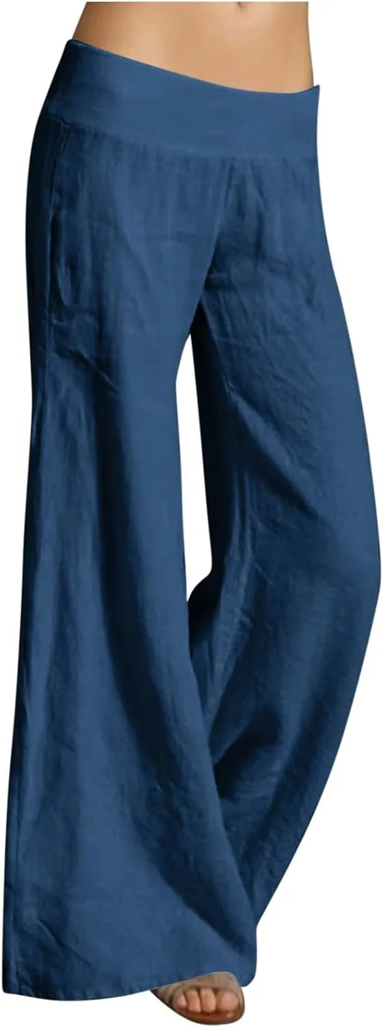 Womens Linen Summer Palazzo Palazzo Pants Low Waist Stretchy Straight Slim-Fit Pants Work Business
