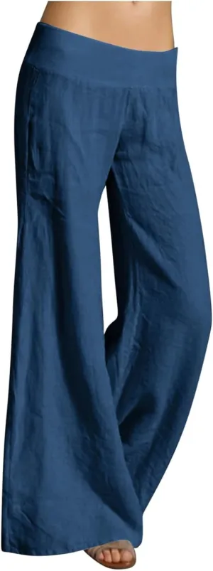 Womens Linen Summer Palazzo Palazzo Pants Low Waist Stretchy Straight Slim-Fit Pants Work Business