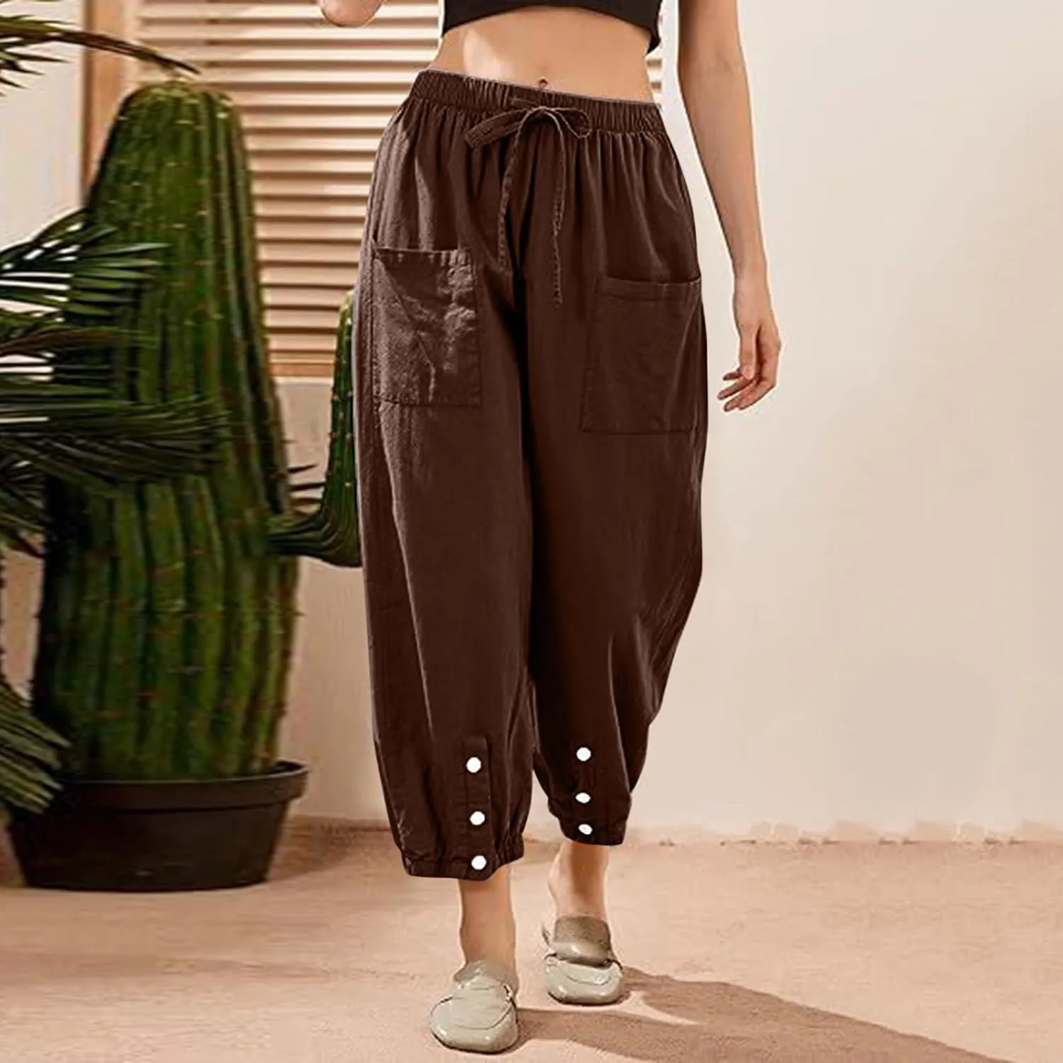 Womens Linen Summer Solid Pant Trousers High Waist Stretchy Straight Slim-Fit Pants Trendy