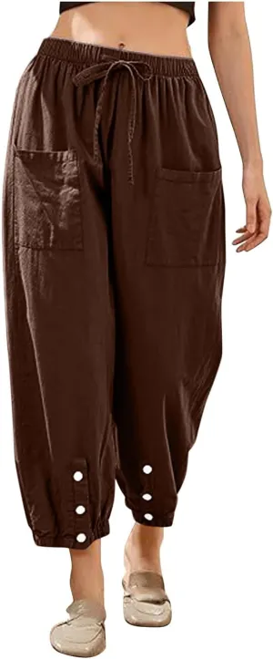 Womens Linen Summer Solid Pant Trousers High Waist Stretchy Straight Slim-Fit Pants Trendy