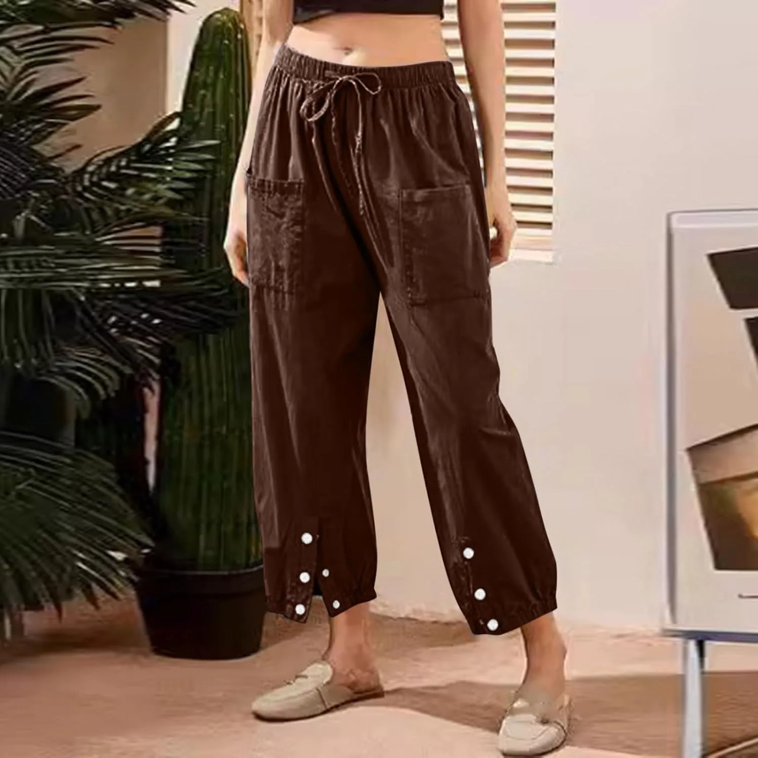 Womens Linen Summer Solid Pant Trousers High Waist Stretchy Straight Slim-Fit Pants Trendy