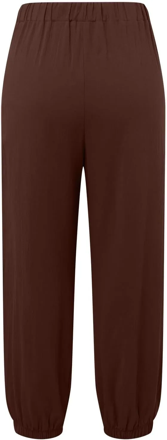 Womens Linen Summer Solid Pant Trousers High Waist Stretchy Straight Slim-Fit Pants Trendy