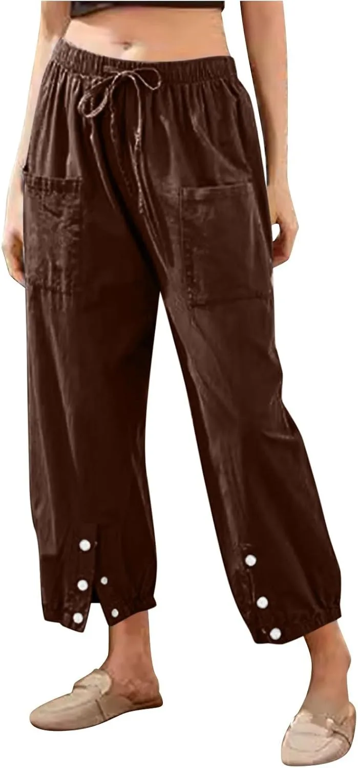 Womens Linen Summer Solid Pant Trousers High Waist Stretchy Straight Slim-Fit Pants Trendy