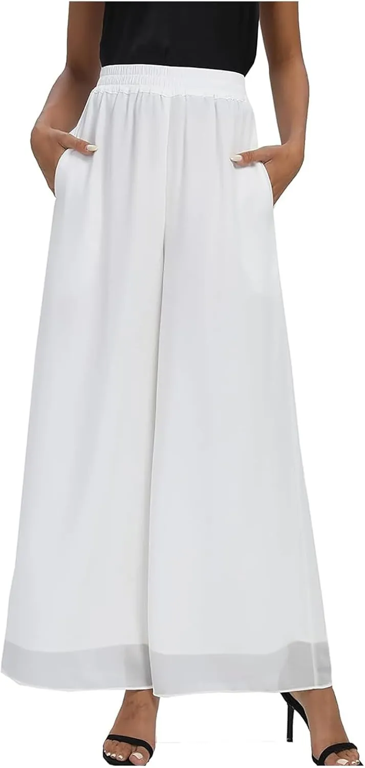 Womens Linen Summer Tie Knot Pants High Waist Stretchy Straight Plus Size Palazzo Pants Travel