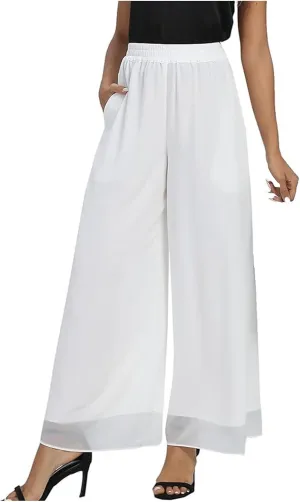 Womens Linen Summer Tie Knot Pants High Waist Stretchy Straight Plus Size Palazzo Pants Travel
