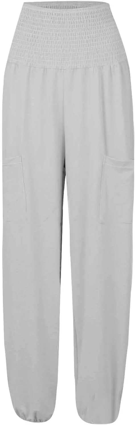 Womens Linen Summer Tie Knot Pants High Waist Stretchy Straight Plus Size Palazzo Pants Travel