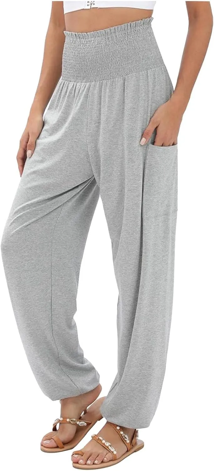 Womens Linen Summer Tie Knot Pants High Waist Stretchy Straight Plus Size Palazzo Pants Travel