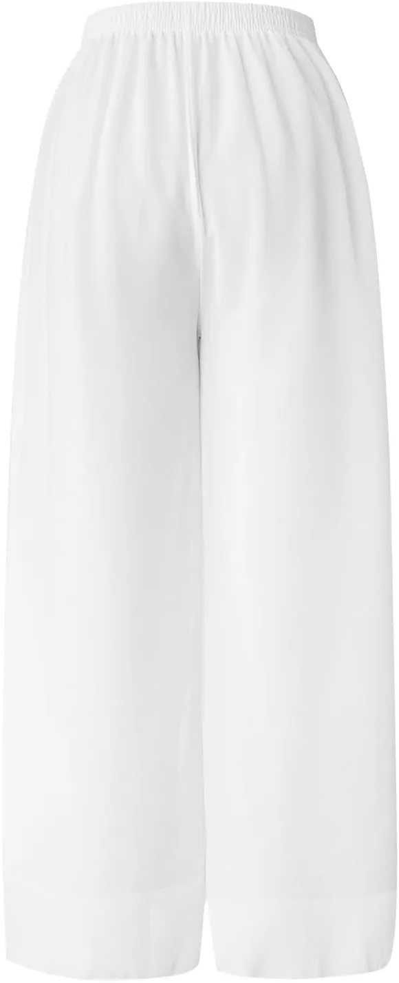 Womens Linen Summer Tie Knot Pants High Waist Stretchy Straight Plus Size Palazzo Pants Travel