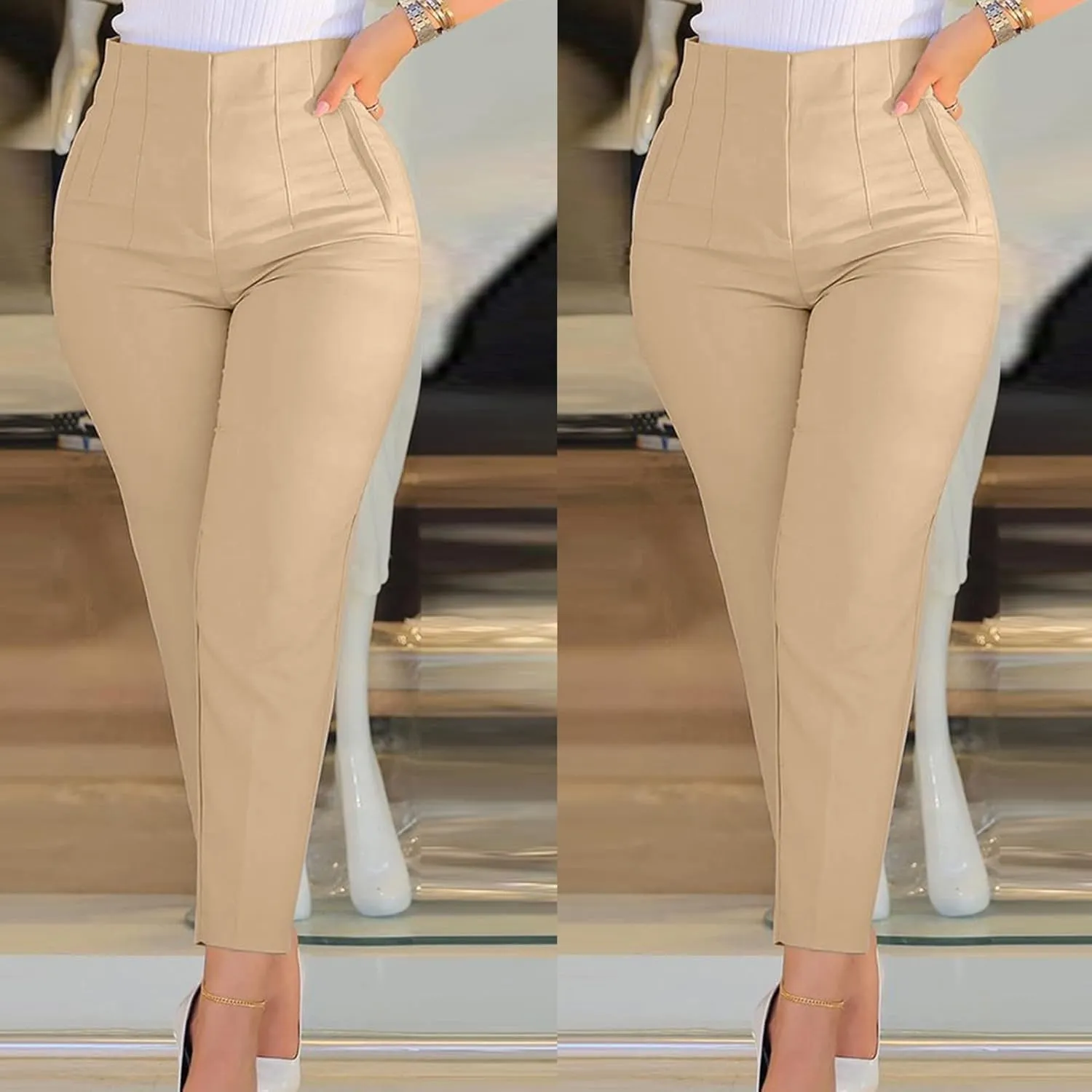 Women's Linen Summer Trendy Palazzo Pants Elastic Waisted Stretchy Loose Fit Palazzo Pants Business Work