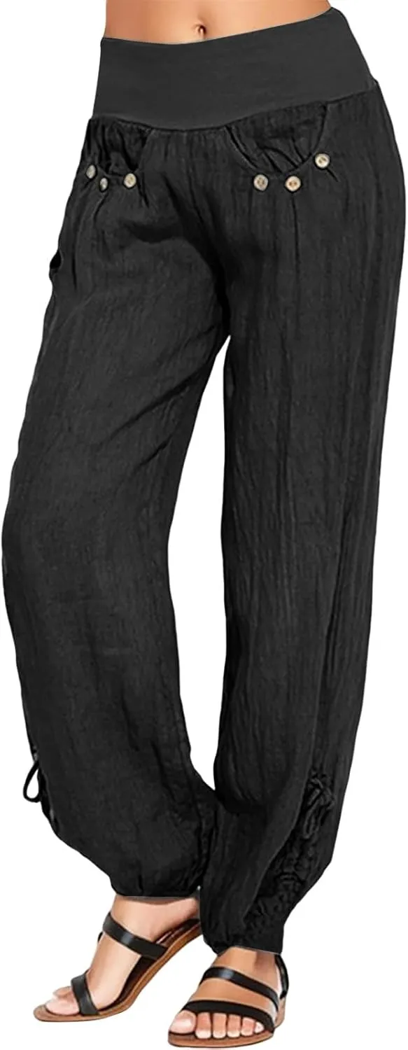 Womens Linen Summer Y2K Streetwear Palazzo Lounge Pants Low Waist Stretchy Plus Size Pants Beach