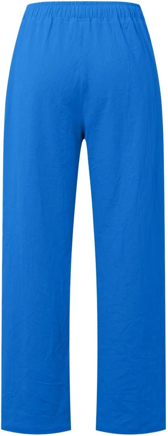 Womens Linen Summer Y2K Streetwear Pant Trousers Elastic Waist Stretchy Loose Fit Pants Vacation