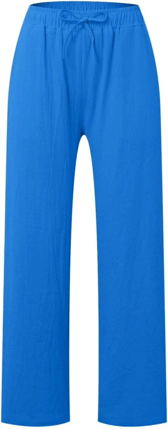 Womens Linen Summer Y2K Streetwear Pant Trousers Elastic Waist Stretchy Loose Fit Pants Vacation