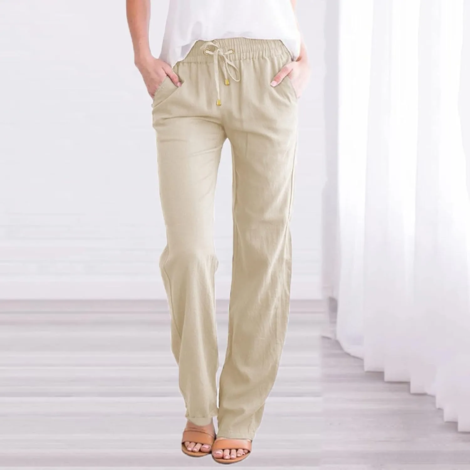 Womens Linen Summer Y2K Streetwear Pant Trousers Elastic Waist Stretchy Loose Fit Pants Vacation
