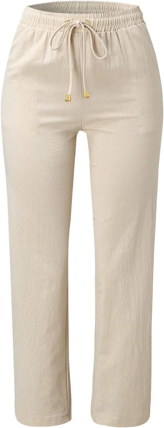 Womens Linen Summer Y2K Streetwear Pant Trousers Elastic Waist Stretchy Loose Fit Pants Vacation