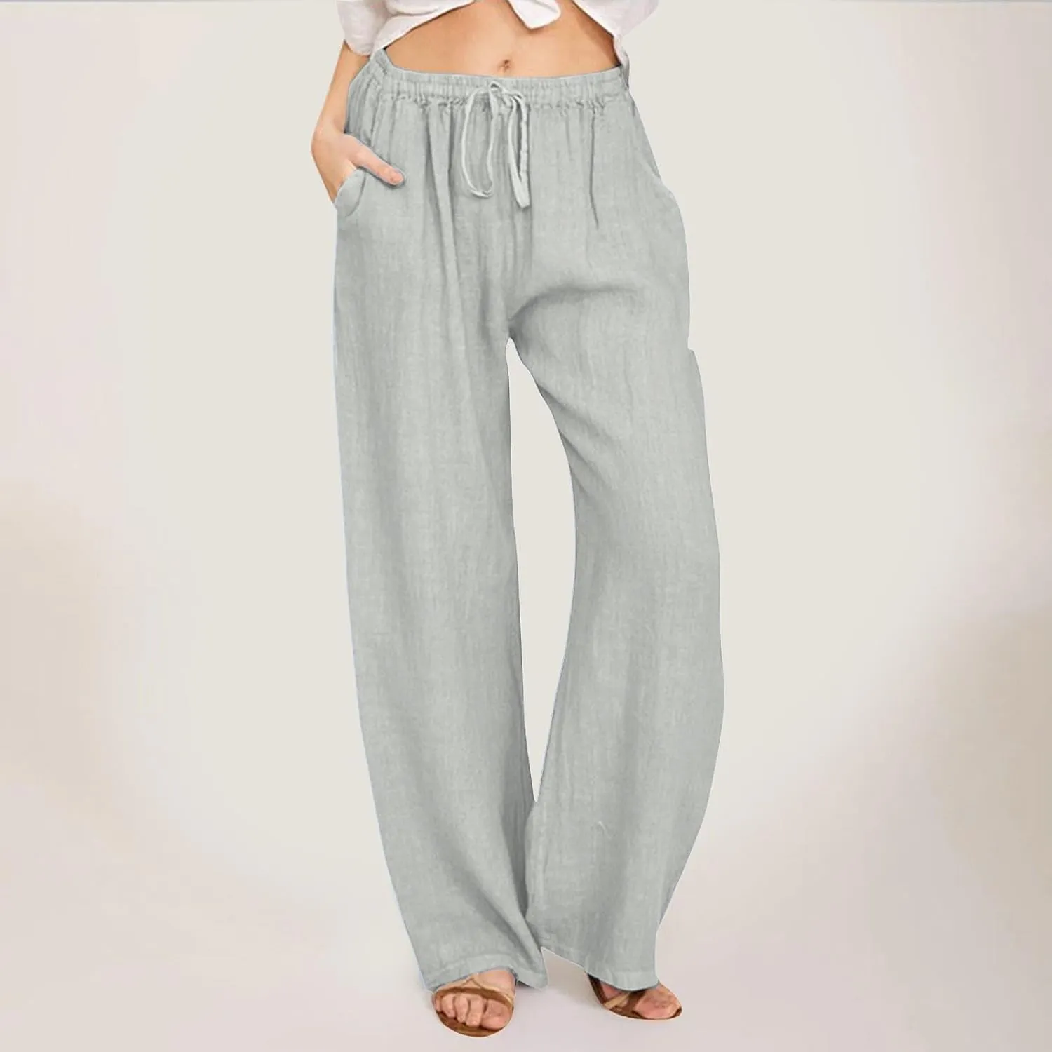 Womens Linen Summer Y2K Streetwear Pant Trousers Elastic Waist Stretchy Loose Fit Pants Vacation