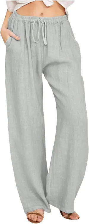Womens Linen Summer Y2K Streetwear Pant Trousers Elastic Waist Stretchy Loose Fit Pants Vacation