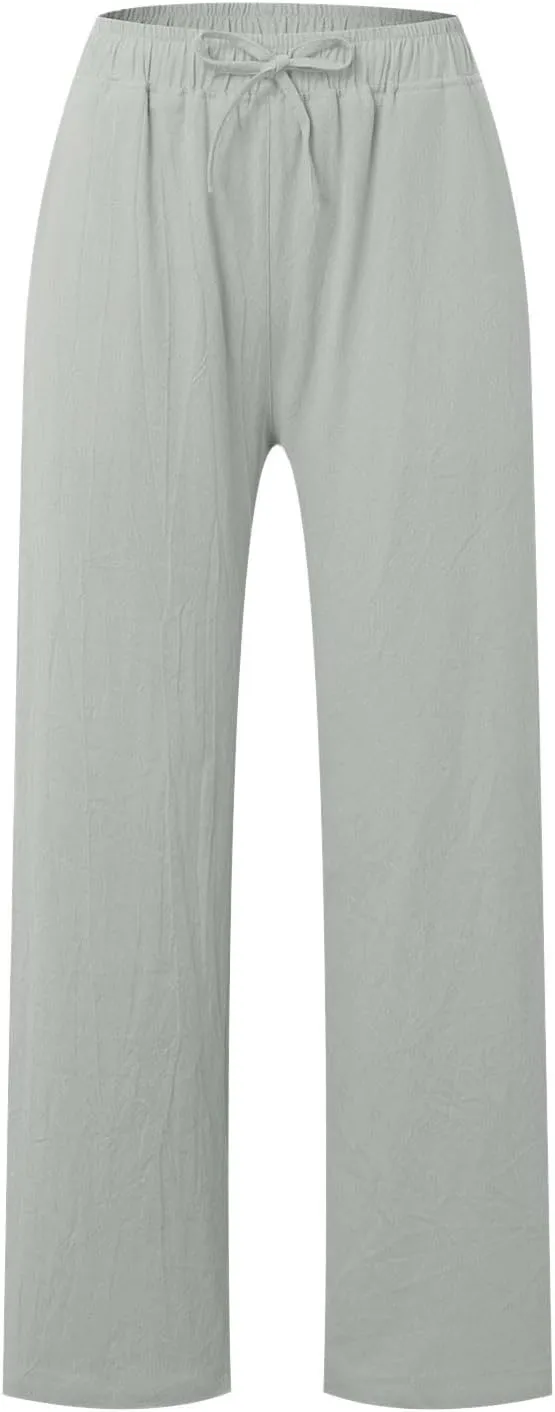 Womens Linen Summer Y2K Streetwear Pant Trousers Elastic Waist Stretchy Loose Fit Pants Vacation