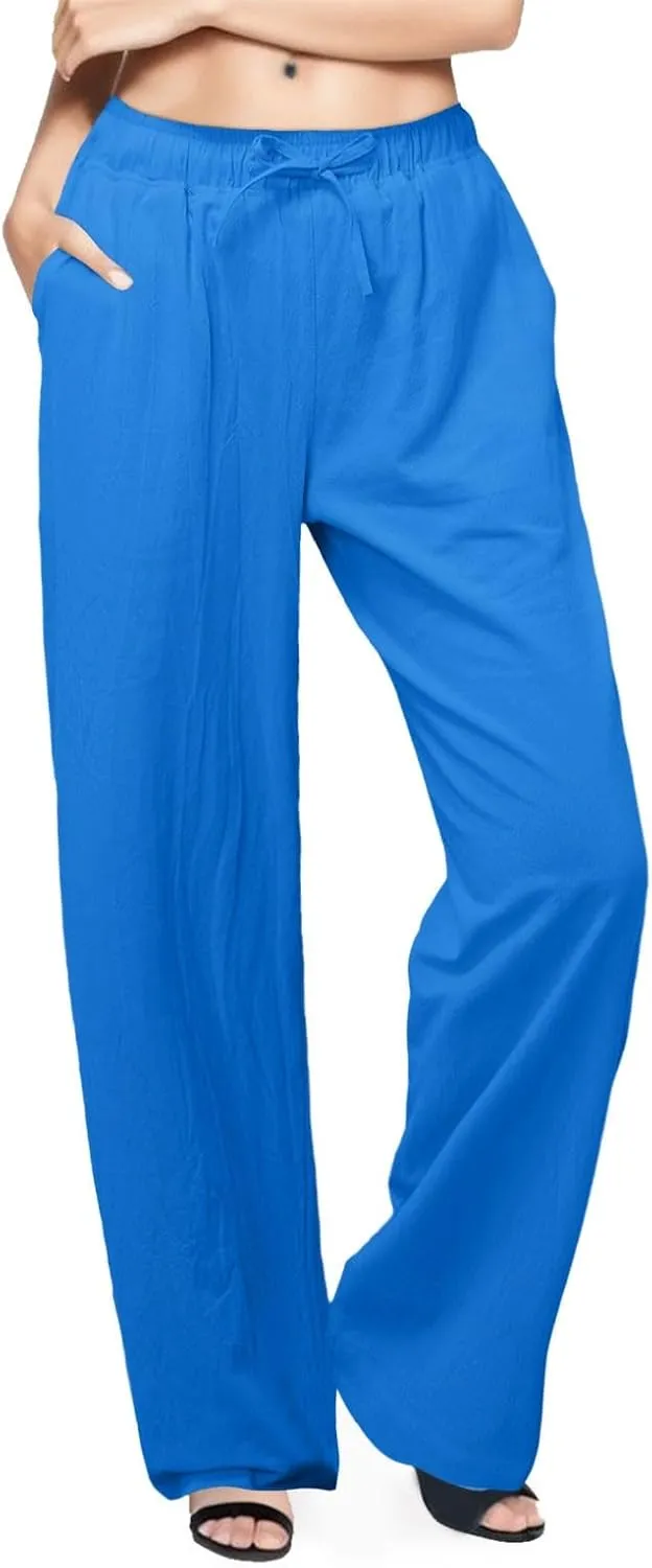 Womens Linen Summer Y2K Streetwear Pant Trousers Elastic Waist Stretchy Loose Fit Pants Vacation