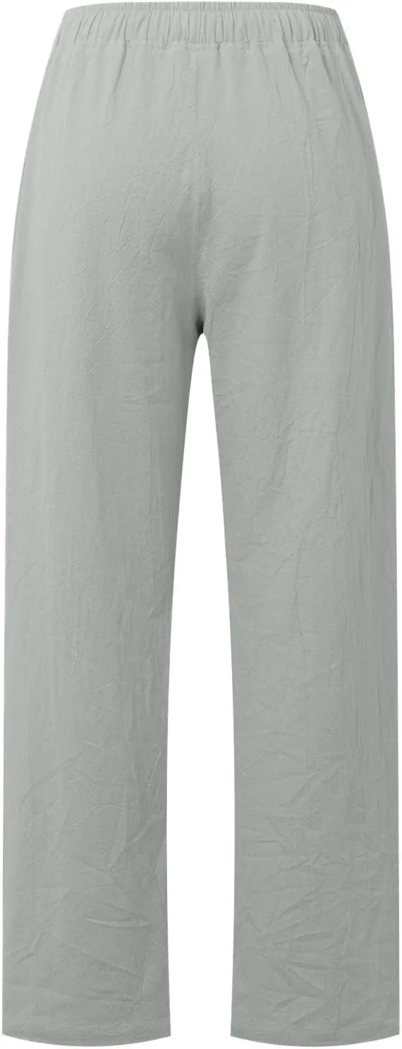 Womens Linen Summer Y2K Streetwear Pant Trousers Elastic Waist Stretchy Loose Fit Pants Vacation