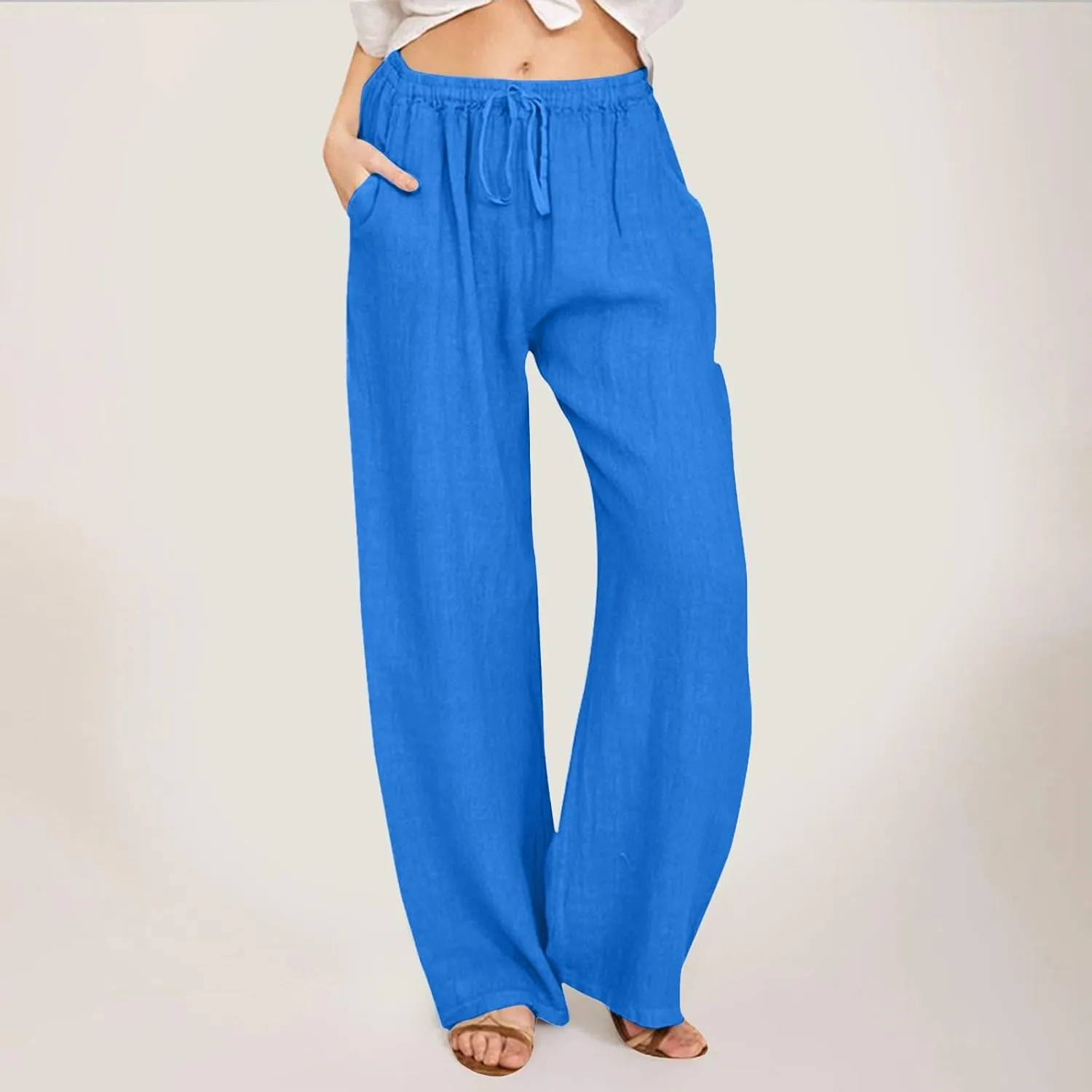 Womens Linen Summer Y2K Streetwear Pant Trousers Elastic Waist Stretchy Loose Fit Pants Vacation