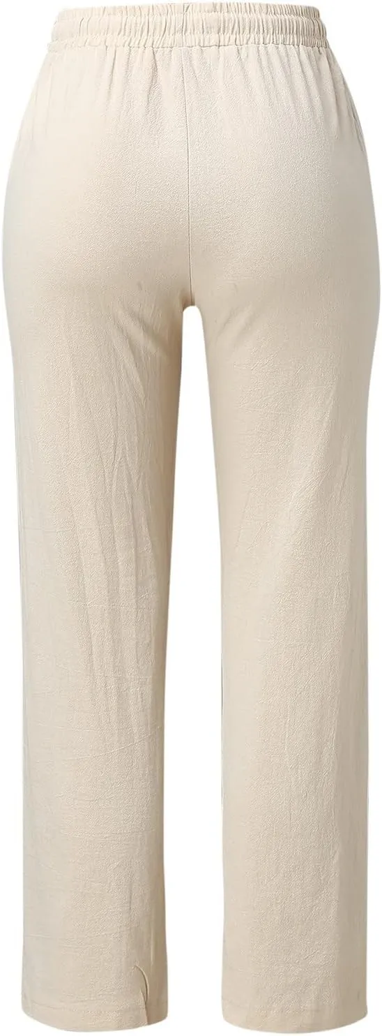 Womens Linen Summer Y2K Streetwear Pant Trousers Elastic Waist Stretchy Loose Fit Pants Vacation