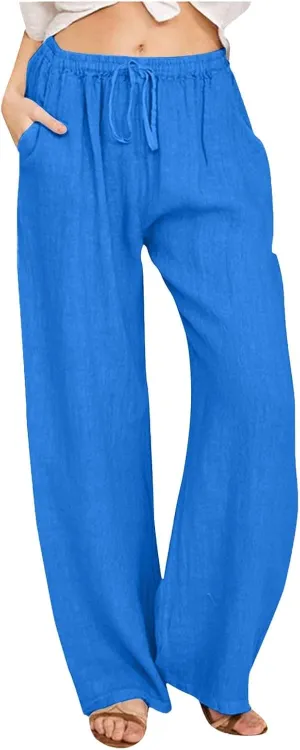 Womens Linen Summer Y2K Streetwear Pant Trousers Elastic Waist Stretchy Loose Fit Pants Vacation