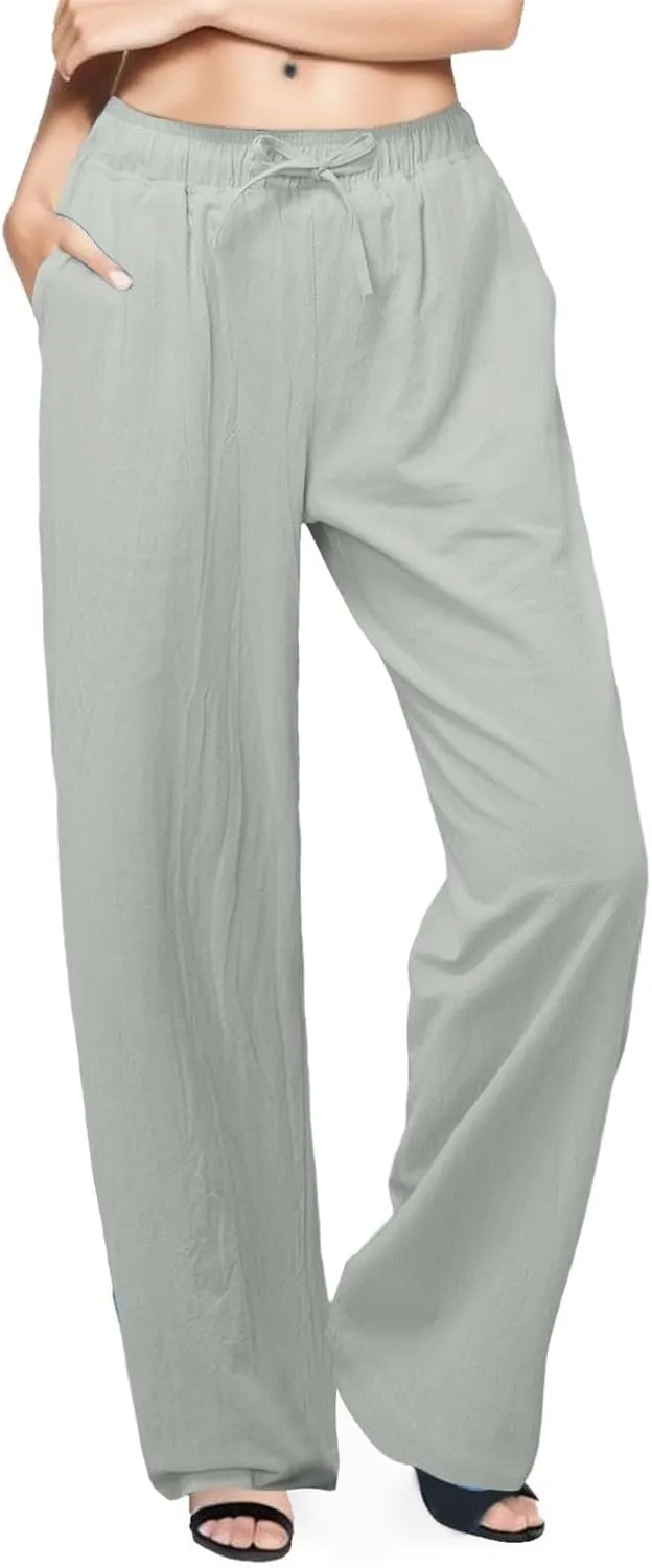Womens Linen Summer Y2K Streetwear Pant Trousers Elastic Waist Stretchy Loose Fit Pants Vacation
