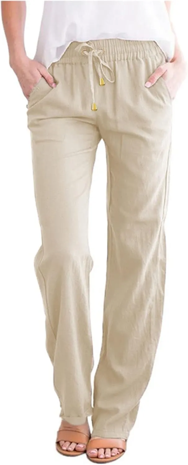 Womens Linen Summer Y2K Streetwear Pant Trousers Elastic Waist Stretchy Loose Fit Pants Vacation