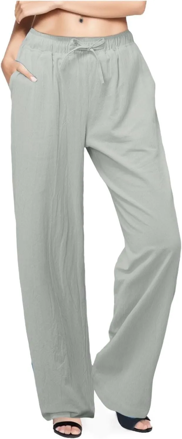 Womens Linen Summer Y2K Streetwear Pant Trousers Elastic Waist Stretchy Loose Fit Pants Vacation