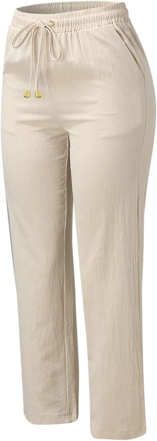 Womens Linen Summer Y2K Streetwear Pant Trousers Elastic Waist Stretchy Loose Fit Pants Vacation