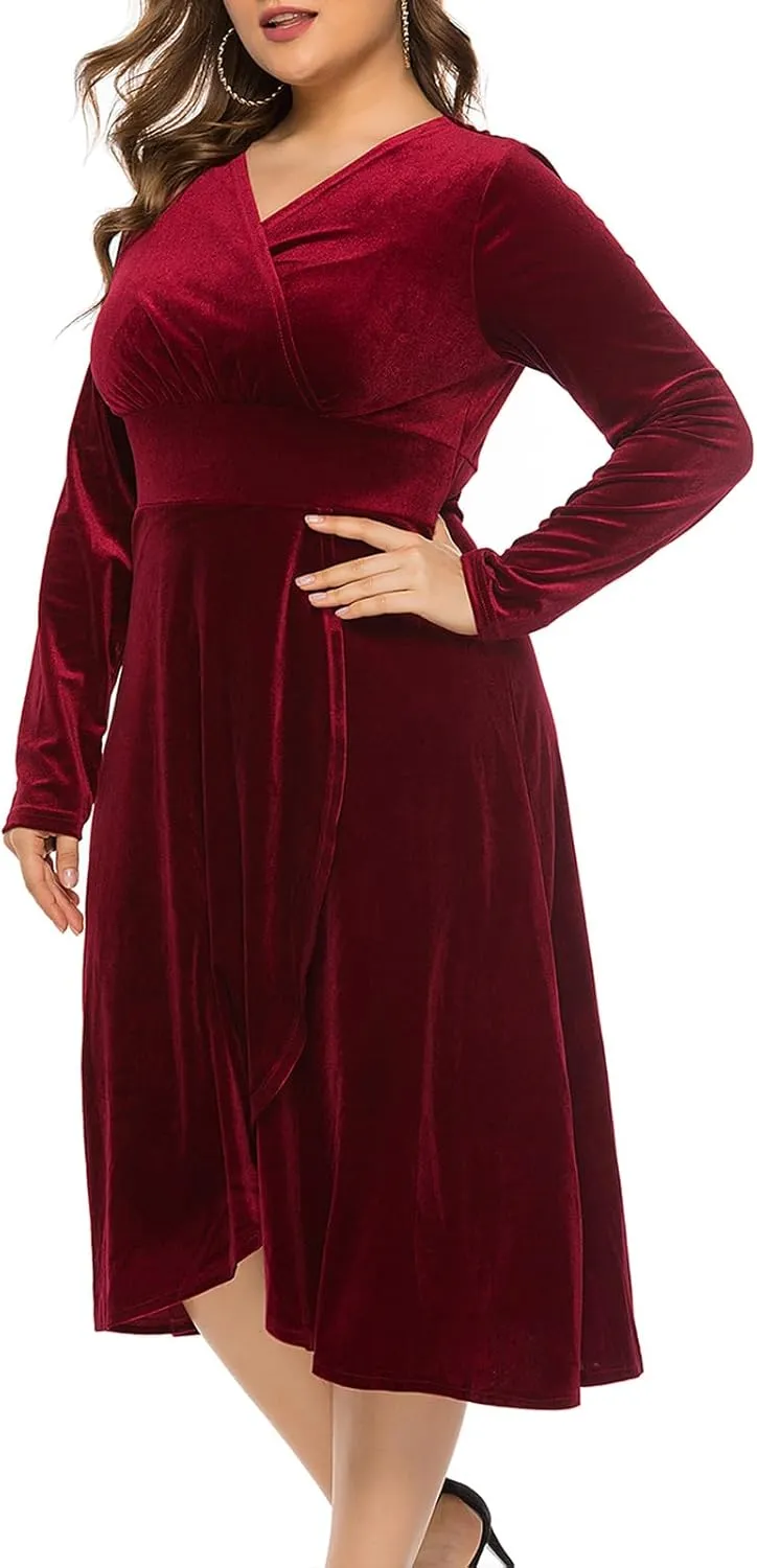 Women's Long Sleeve V Neck Velvet Midi Dress A-line Ruffle Elegant Cocktail Party Dress Plus Size Flare Dresses