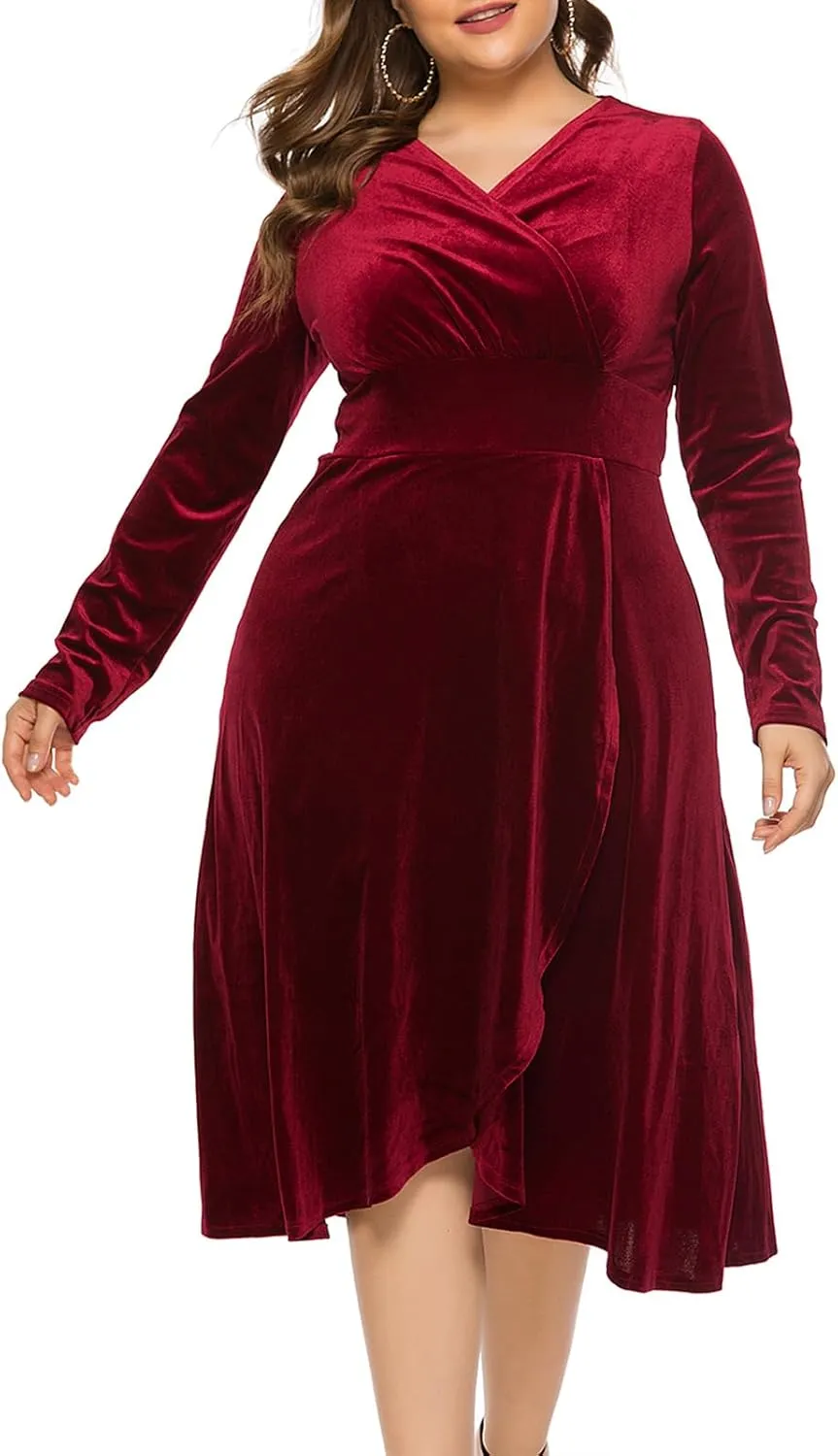 Women's Long Sleeve V Neck Velvet Midi Dress A-line Ruffle Elegant Cocktail Party Dress Plus Size Flare Dresses