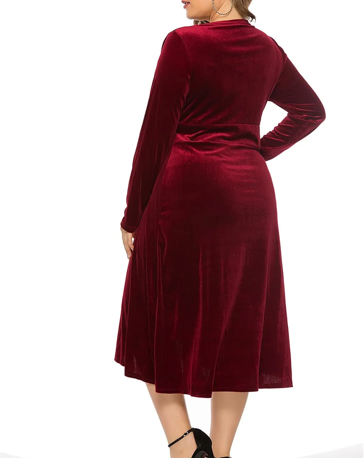 Women's Long Sleeve V Neck Velvet Midi Dress A-line Ruffle Elegant Cocktail Party Dress Plus Size Flare Dresses
