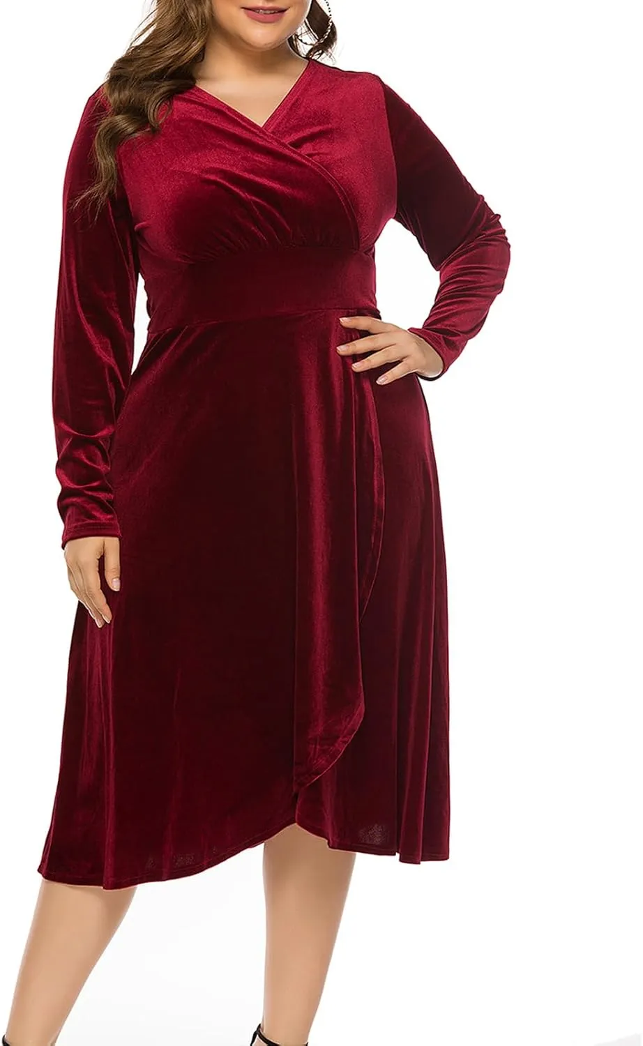 Women's Long Sleeve V Neck Velvet Midi Dress A-line Ruffle Elegant Cocktail Party Dress Plus Size Flare Dresses
