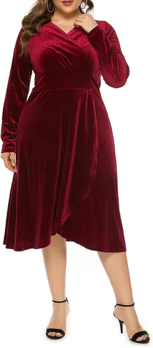 Women's Long Sleeve V Neck Velvet Midi Dress A-line Ruffle Elegant Cocktail Party Dress Plus Size Flare Dresses