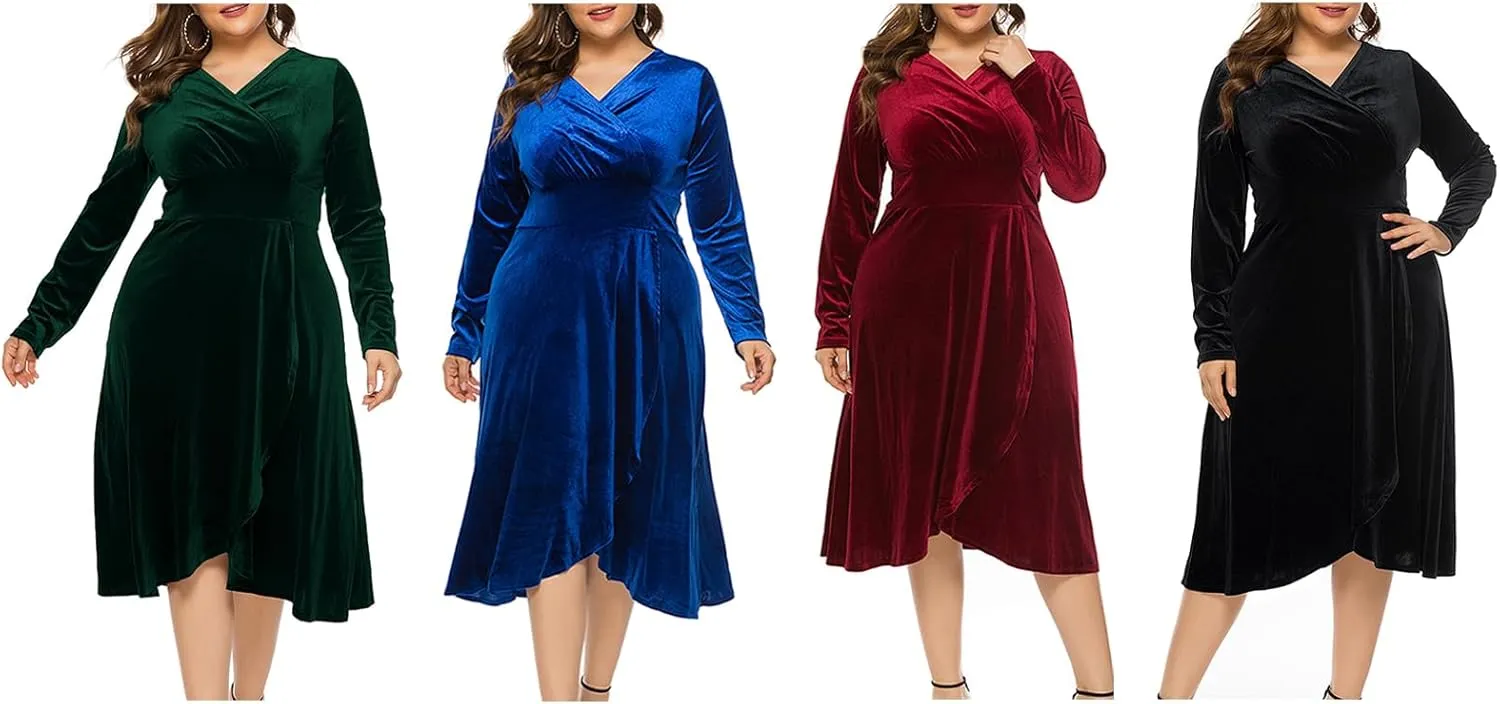Women's Long Sleeve V Neck Velvet Midi Dress A-line Ruffle Elegant Cocktail Party Dress Plus Size Flare Dresses