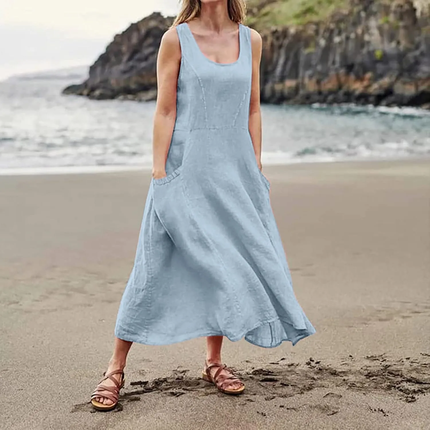 Womens Maxi Linen Dress Sleeveless Plus Size Summer Flowy Beach Dress Vacation Scoop Neck Boho Casual Sundresses