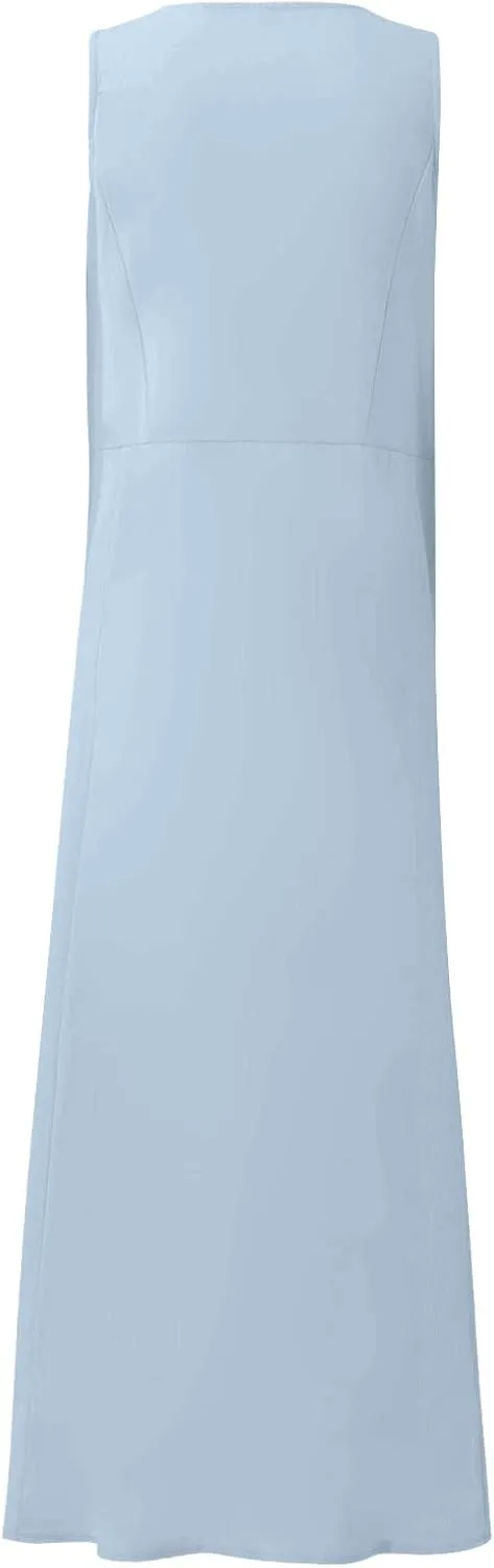 Womens Maxi Linen Dress Sleeveless Plus Size Summer Flowy Beach Dress Vacation Scoop Neck Boho Casual Sundresses
