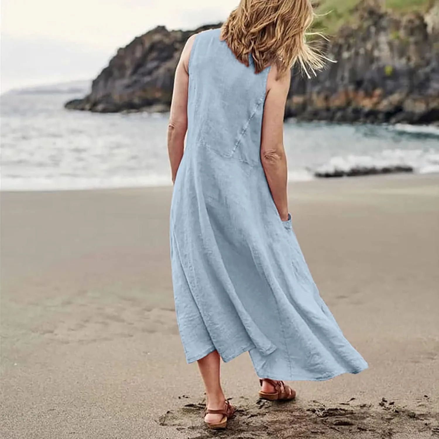 Womens Maxi Linen Dress Sleeveless Plus Size Summer Flowy Beach Dress Vacation Scoop Neck Boho Casual Sundresses