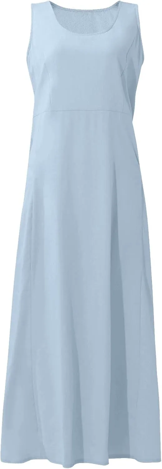 Womens Maxi Linen Dress Sleeveless Plus Size Summer Flowy Beach Dress Vacation Scoop Neck Boho Casual Sundresses