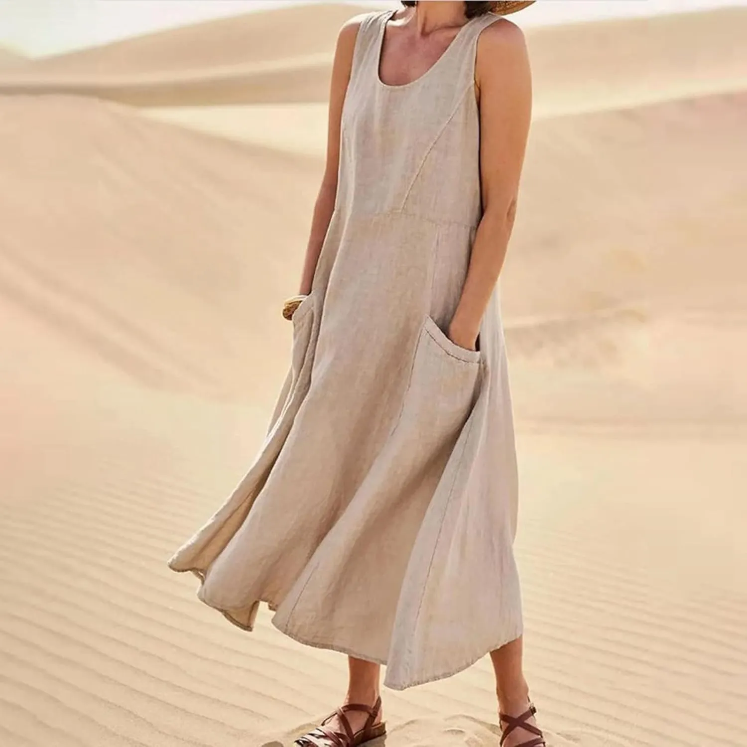 Womens Maxi Linen Dress Sleeveless Plus Size Summer Flowy Beach Dress Vacation Scoop Neck Boho Casual Sundresses