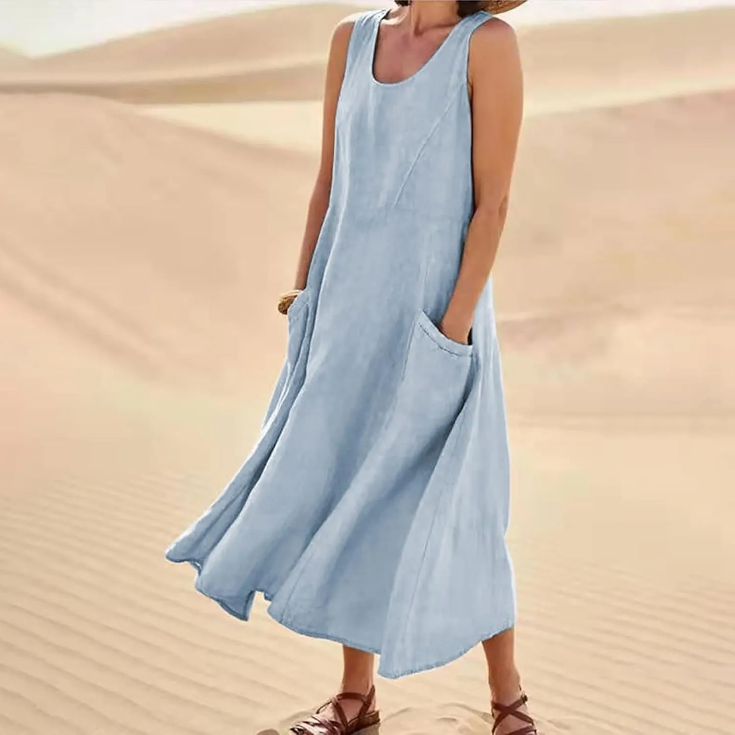Womens Maxi Linen Dress Sleeveless Plus Size Summer Flowy Beach Dress Vacation Scoop Neck Boho Casual Sundresses