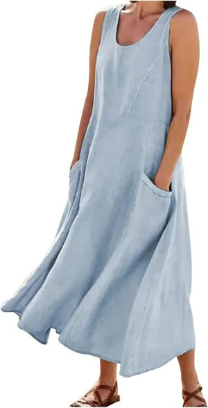 Womens Maxi Linen Dress Sleeveless Plus Size Summer Flowy Beach Dress Vacation Scoop Neck Boho Casual Sundresses
