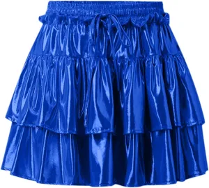Womens Metallic Skirt Shiny Flared Pleated Skirt Layered Ruffle Hem Mini Skirt Christmas Rave Midi Skirts for Women 011