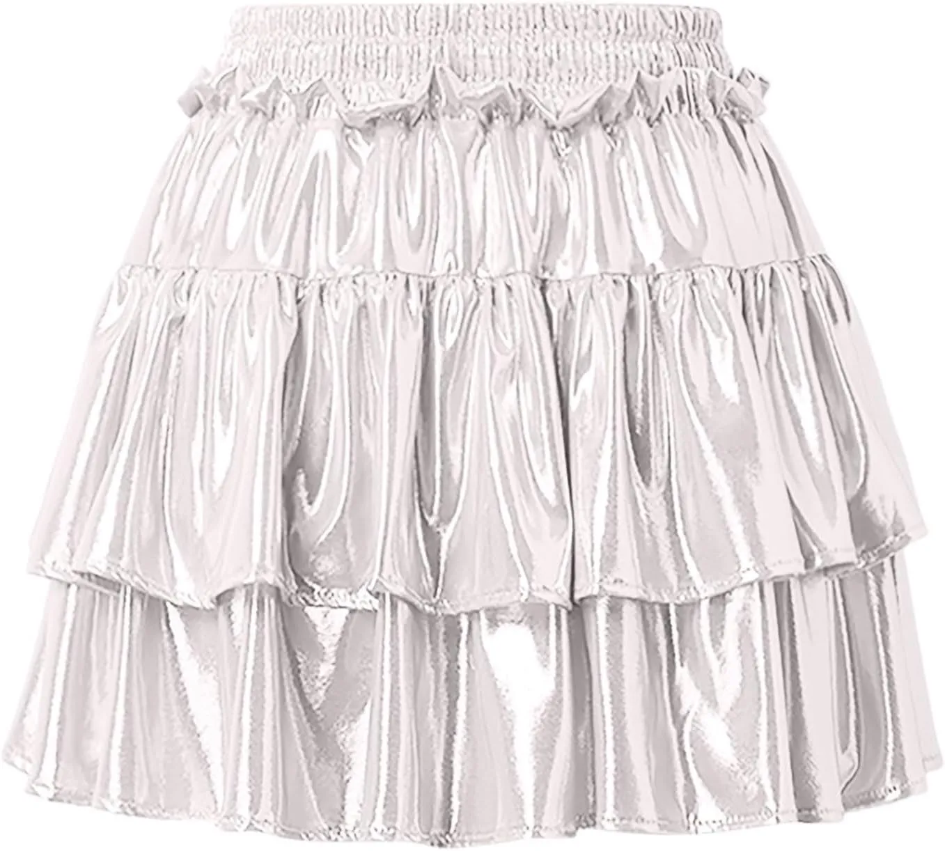 Womens Metallic Skirt Shiny Flared Pleated Skirt Layered Ruffle Hem Mini Skirt Halloween Christmas Rave Midi Skirt