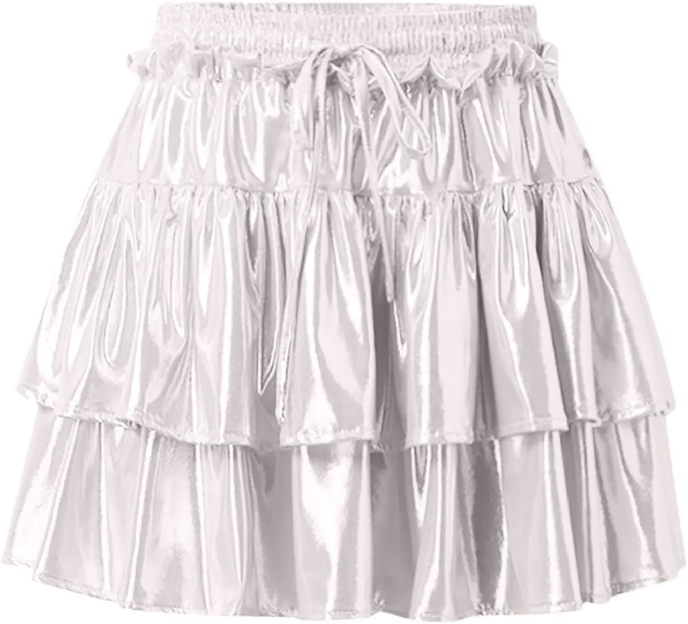Womens Metallic Skirt Shiny Flared Pleated Skirt Layered Ruffle Hem Mini Skirt Halloween Christmas Rave Midi Skirt