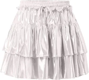 Womens Metallic Skirt Shiny Flared Pleated Skirt Layered Ruffle Hem Mini Skirt Halloween Christmas Rave Midi Skirt