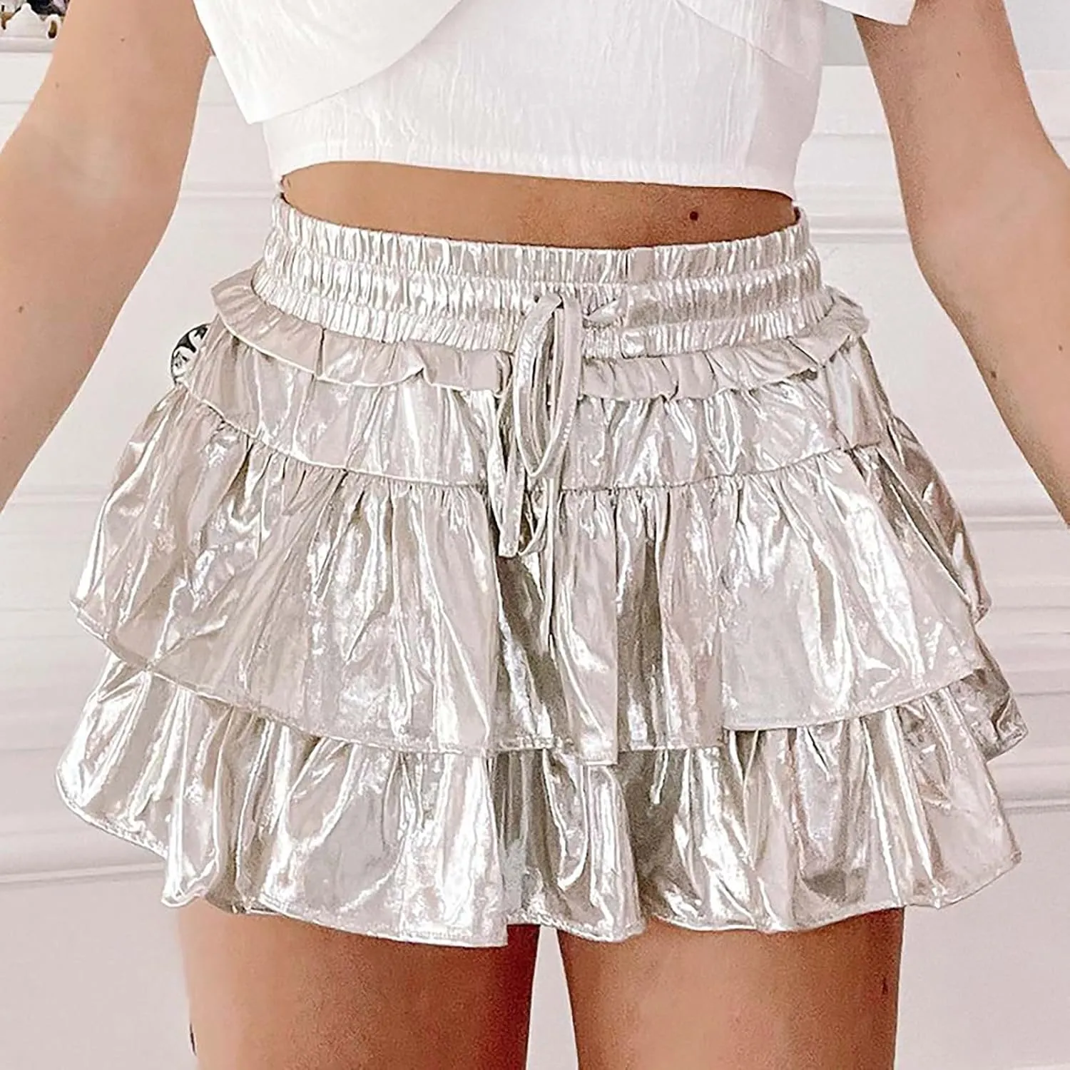 Womens Metallic Skirt Shiny Flared Pleated Skirt Layered Ruffle Hem Mini Skirt Halloween Christmas Rave Midi Skirt